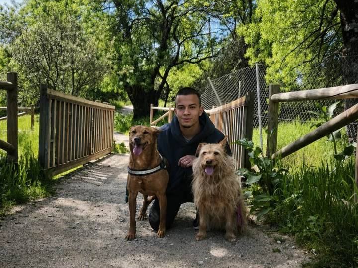 Victor Sánchez Casas avec deux chiens sur un pont en bois